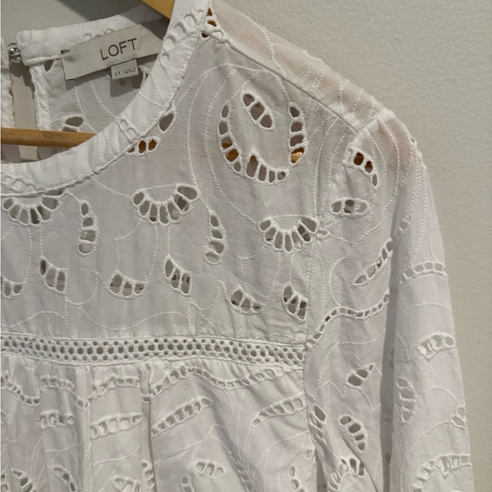 Loft White Eyelet bridal Lace Mini Dress Boho Cottagecore Scallop Hem Large Tall - Picture 9 of 15